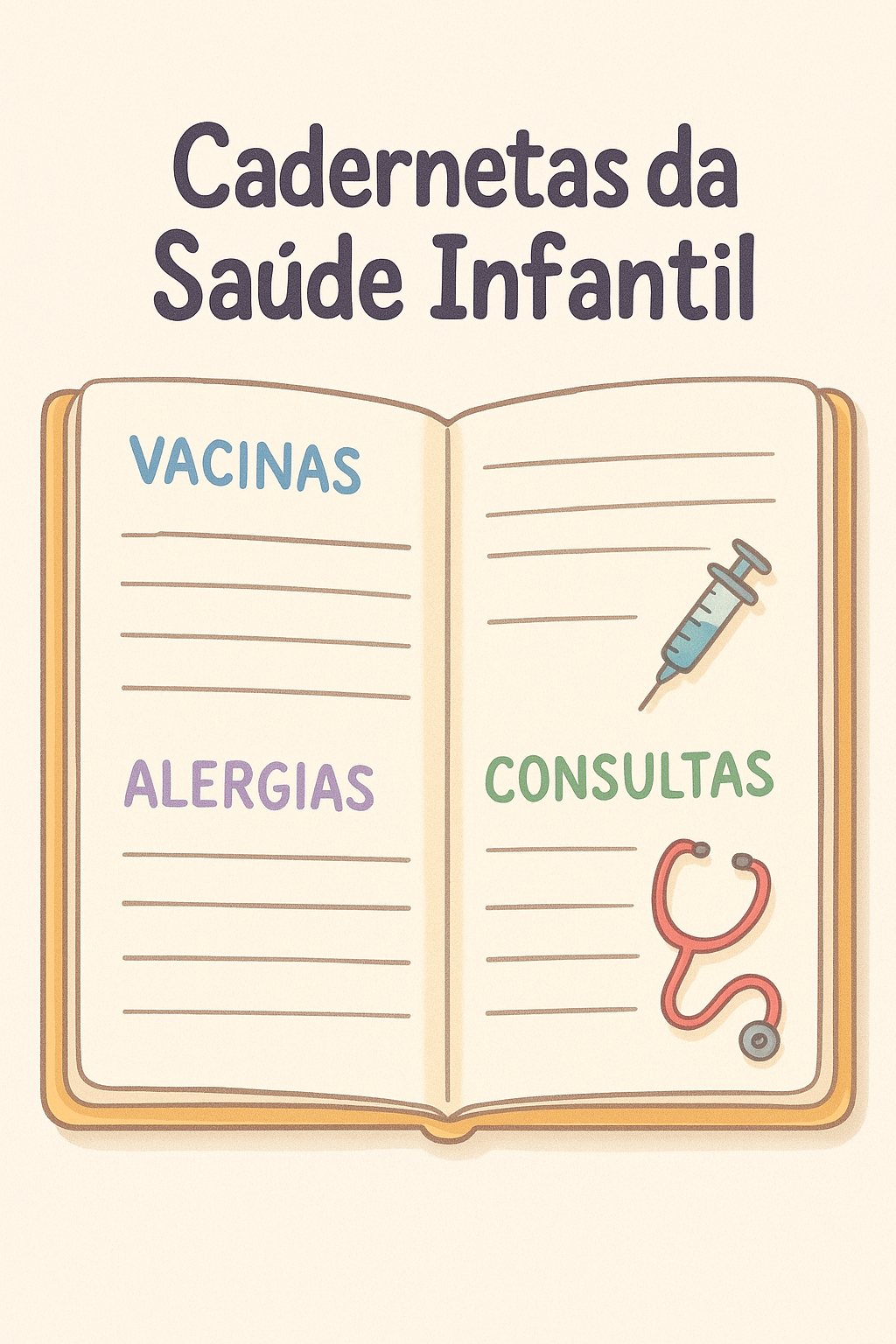 Ilustração de caderneta de saúde infantil aberta com seções para vacinas, alergias e consultas