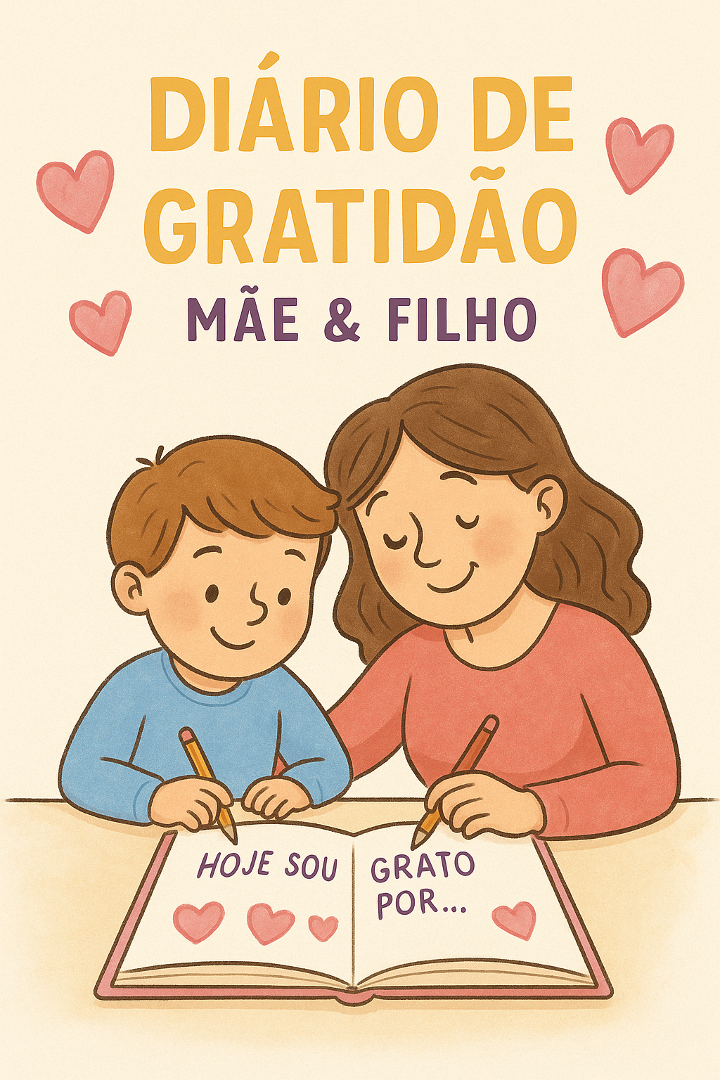 Ilustração de mãe e filho escrevendo em um Diário de Gratidão