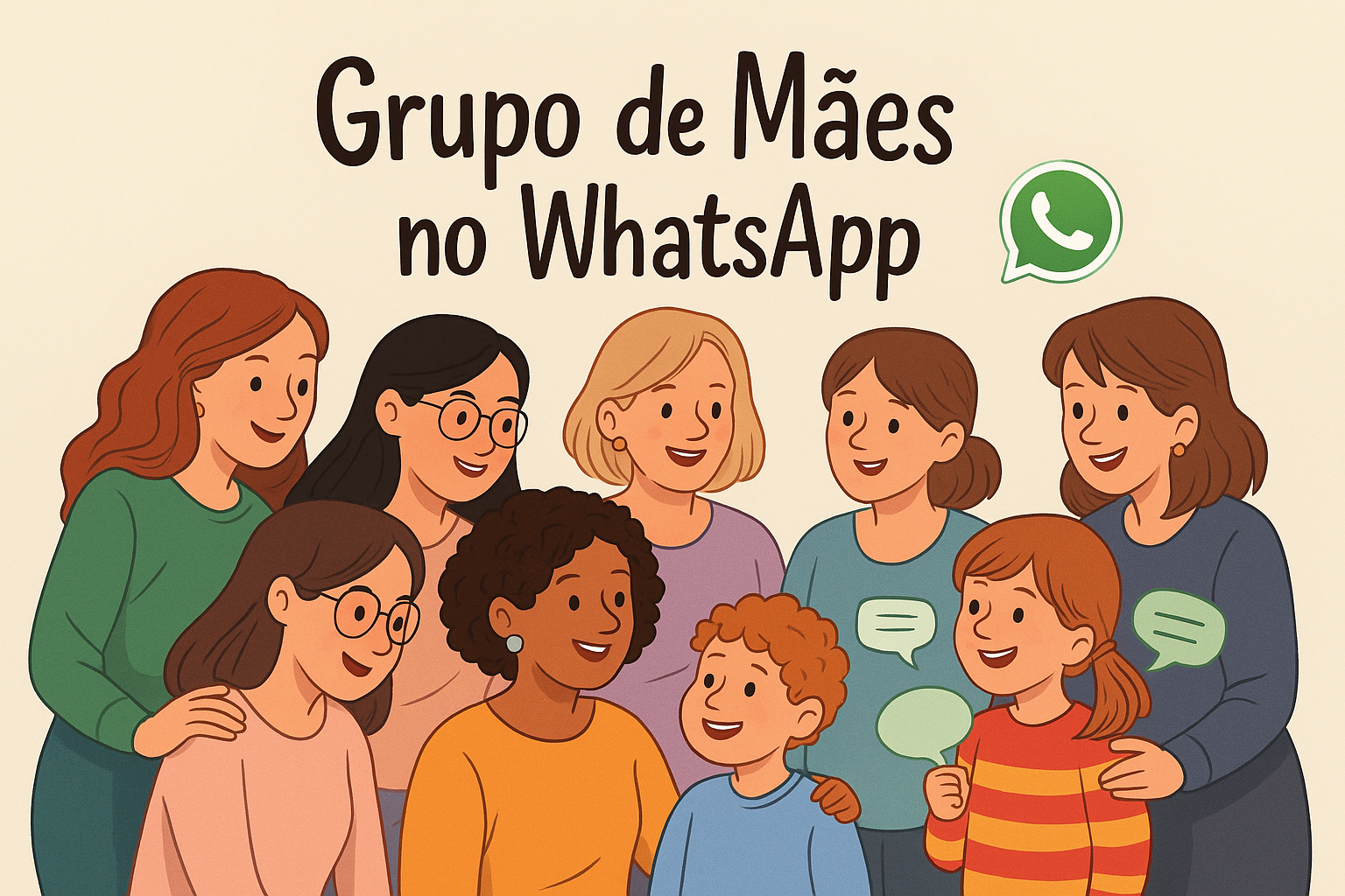 Ilustração de um grupo de mães e crianças conversando, representando o grupo no WhatsApp.