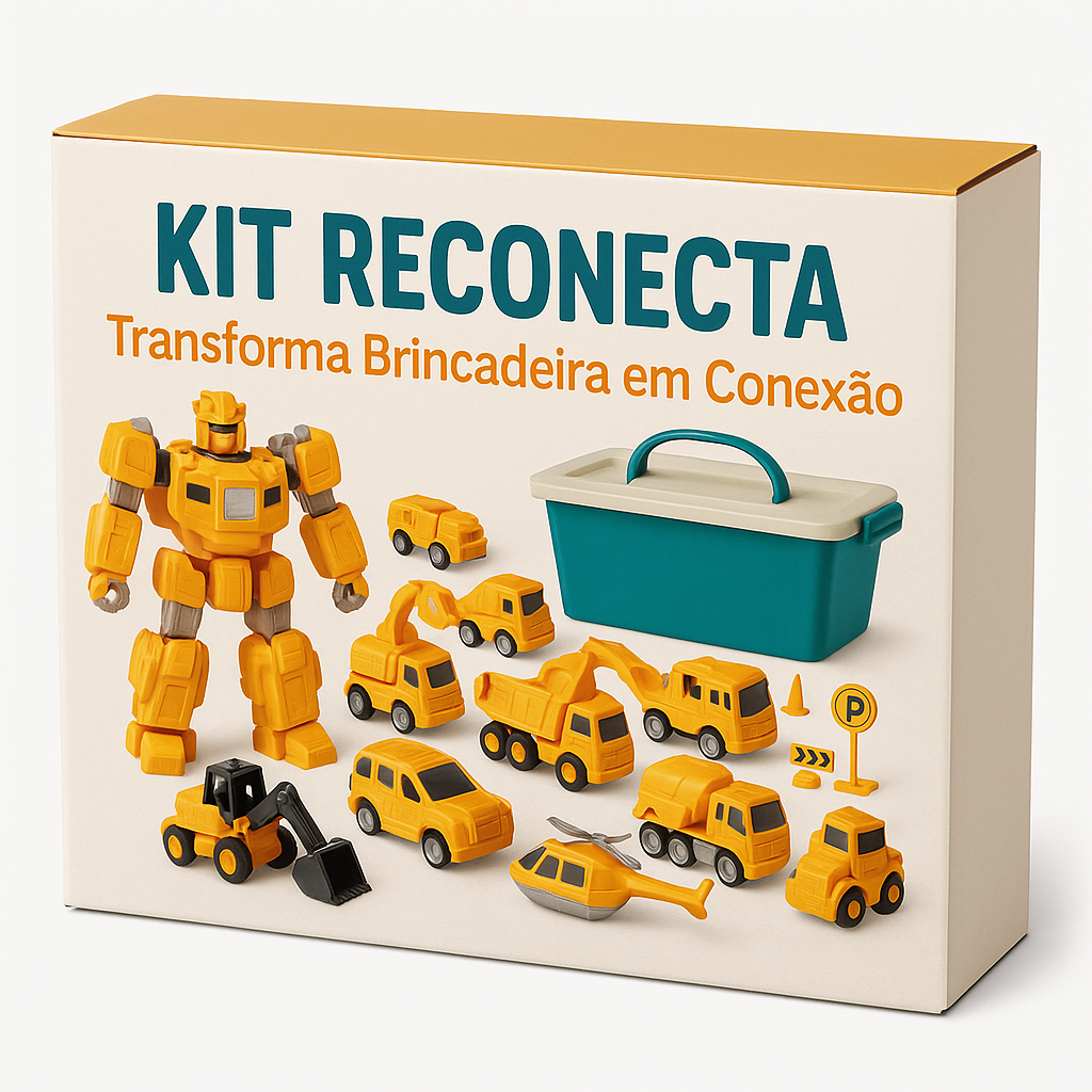 Caixa do Kit Reconecta com brinquedos de construção magnéticos e robô